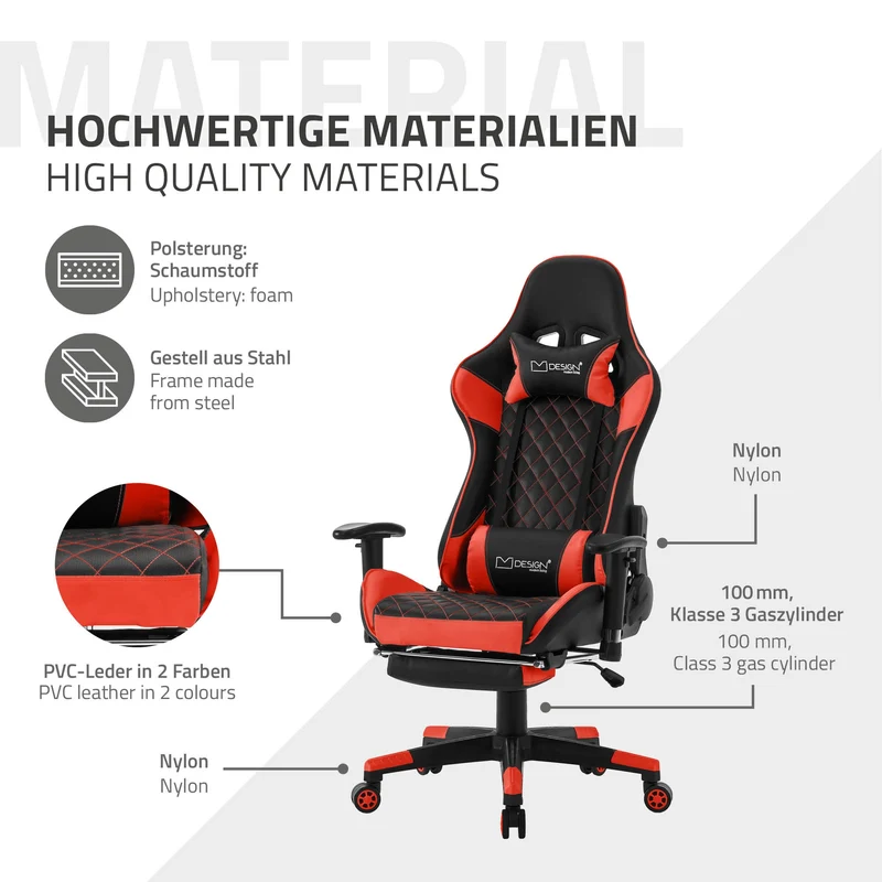 Gamingstuhl mit ausziehbarer Fußstütze 2D Armlehne Schwarz/Rot aus Kunstleder ML-Design