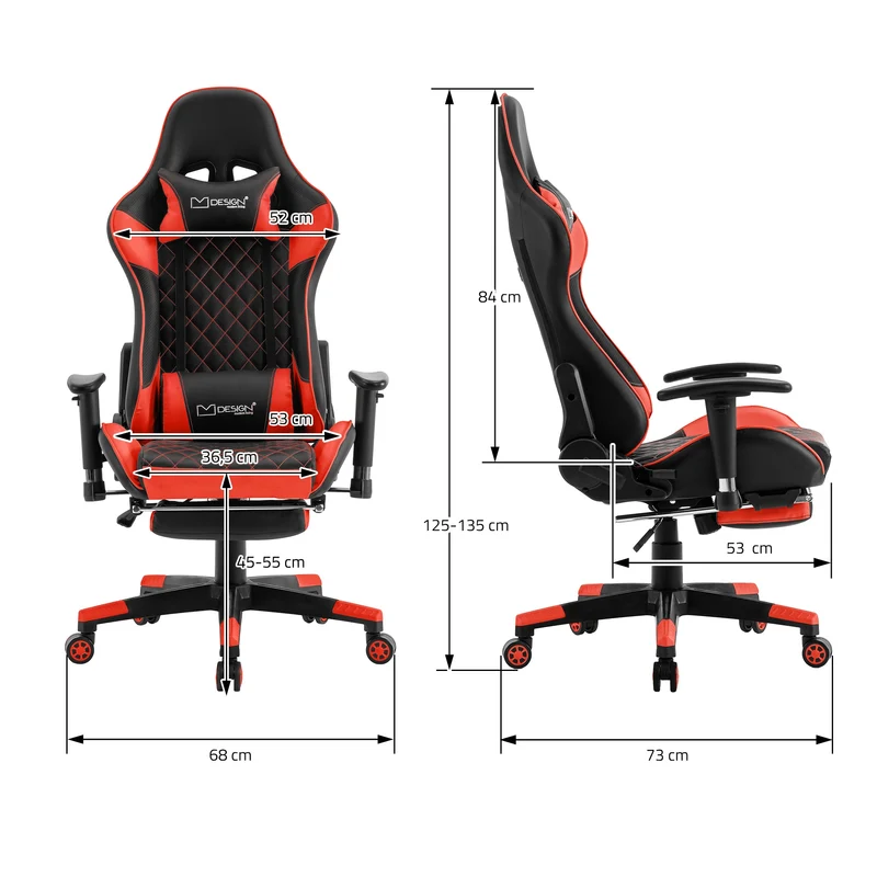 Gamingstuhl mit ausziehbarer Fußstütze 2D Armlehne Schwarz/Rot aus Kunstleder ML-Design