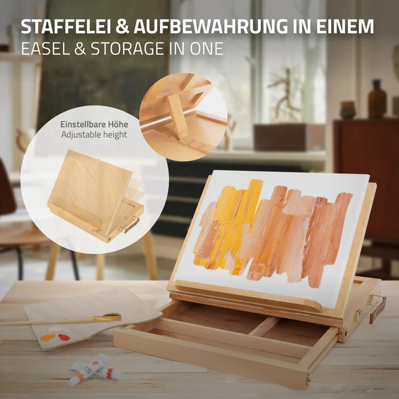 Tischstaffelei mit Schublade und Mischpalette Natur aus Holz
