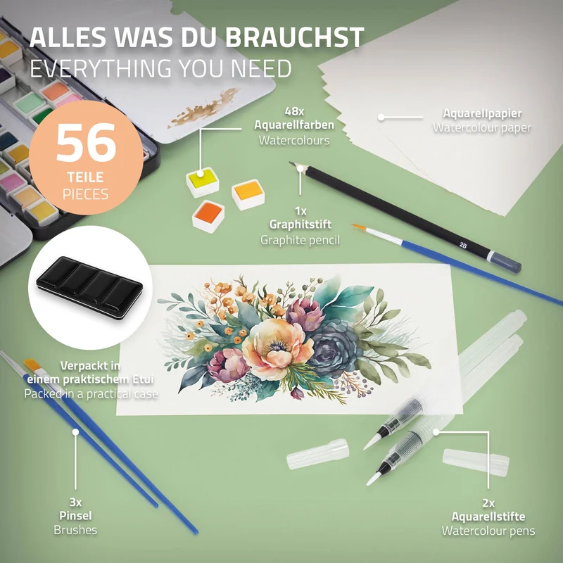 Aquarellfarbkasten mit 48 Farben inklusive Pinsel und Papier Malkasten Set