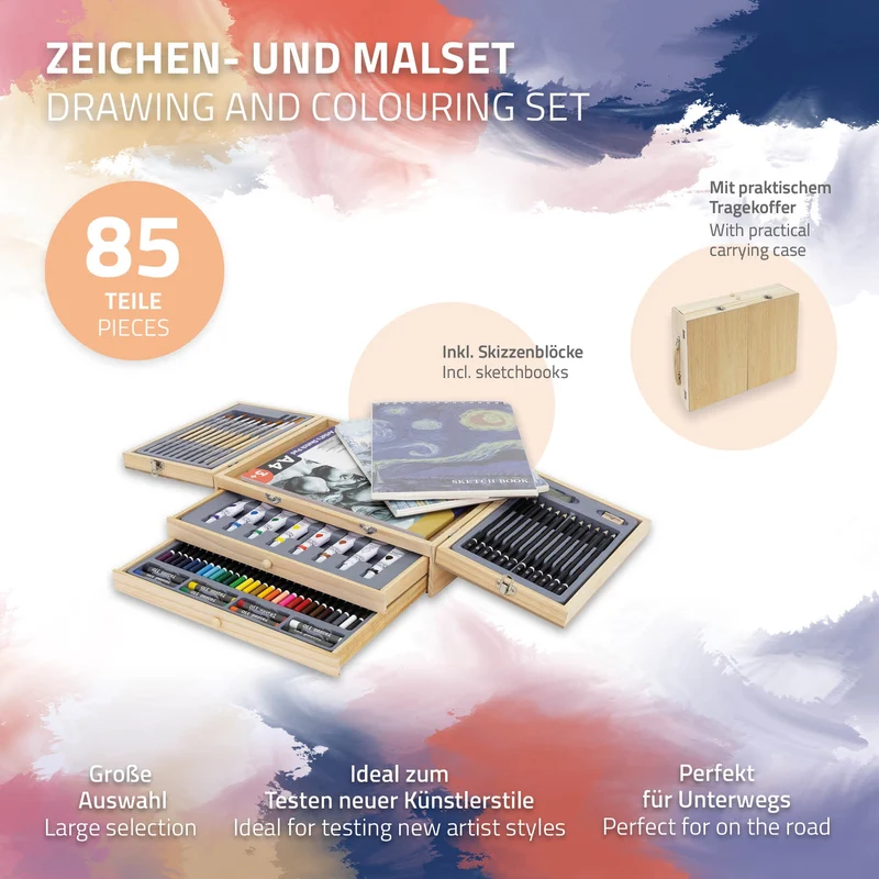 Malkoffer aus Holz 85-Teilig mit Pinseln, Bleistiften, Acrylfarben und Skizzierblöcken