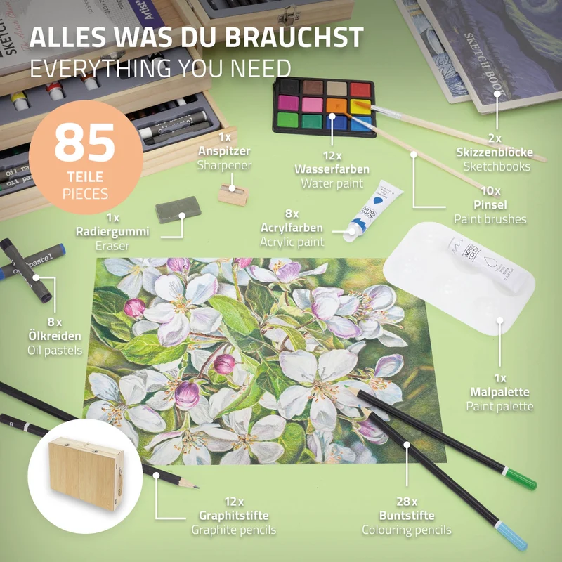 Malkoffer aus Holz 85-Teilig mit Pinseln, Bleistiften, Acrylfarben und Skizzierblöcken