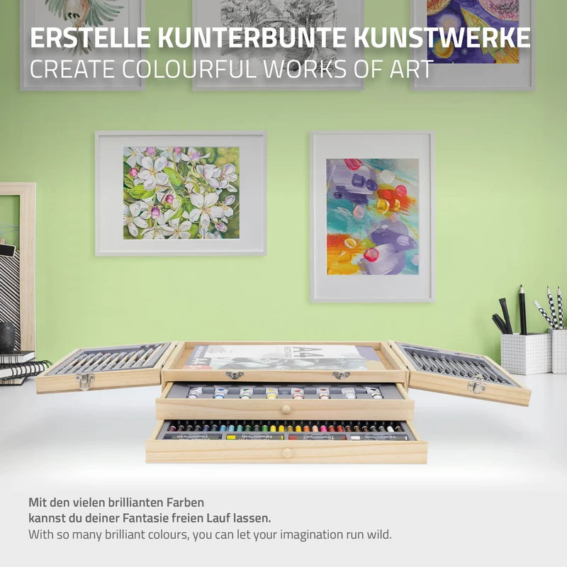 Malkoffer aus Holz 85-Teilig mit Pinseln, Bleistiften, Acrylfarben und Skizzierblöcken