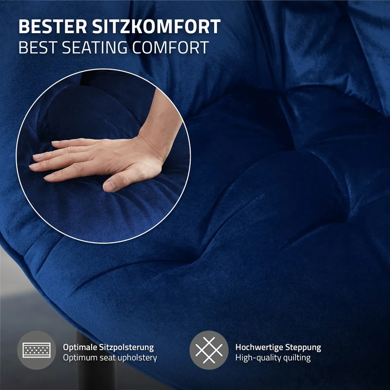 Esszimmerstuhl 2er Set Große Rauten Steppung mit Rücken- und Armlehnen Dunkelblau Küchenstuhl mit Microfaser-Samtbezug ML-Design