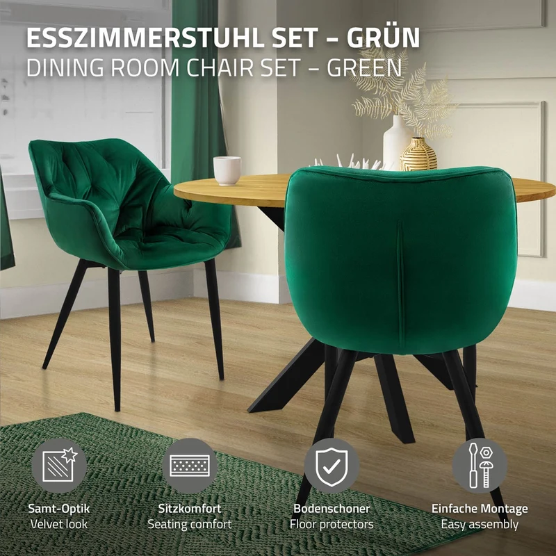 Esszimmerstuhl 2er Set Große Rauten Steppung mit Rücken- und Armlehnen Dunkelgrün Küchenstuhl mit Microfaser-Samtbezug ML-Design