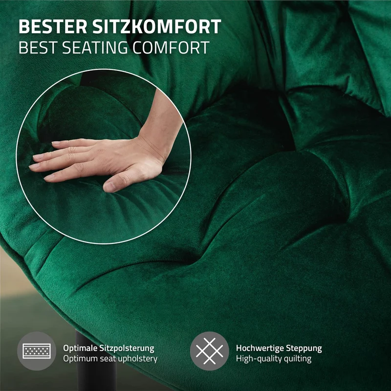 Esszimmerstuhl 2er Set Große Rauten Steppung mit Rücken- und Armlehnen Dunkelgrün Küchenstuhl mit Microfaser-Samtbezug ML-Design