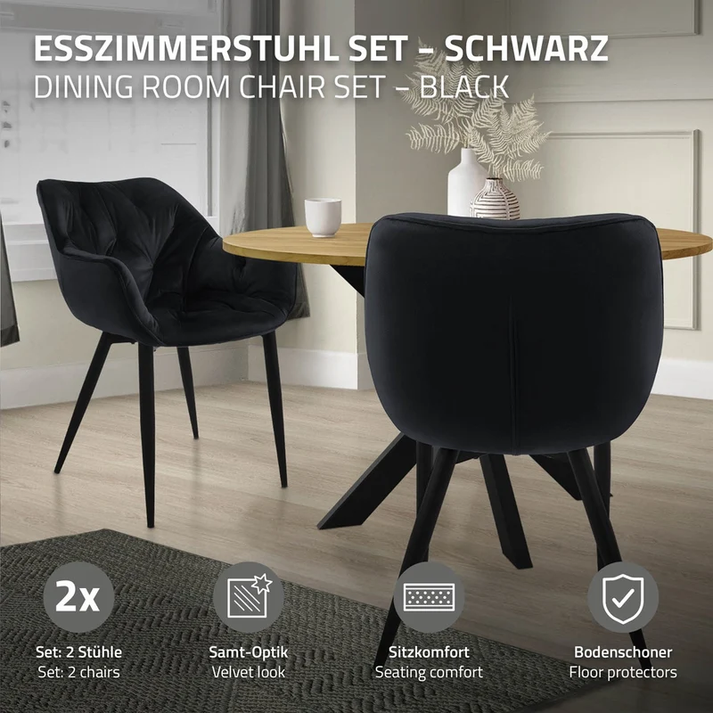 Esszimmerstuhl 2er Set mit Rücken- und Armlehnen Schwarz Küchenstuhl mit Microfaser-Samtbezug ML-Design