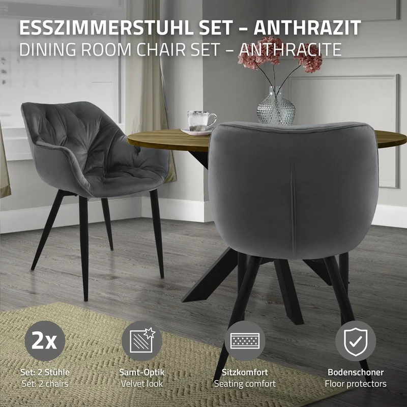 Esszimmerstuhl 2er Set mit Rücken- und Armlehnen Anthrazit Küchenstuhl mit Microfaser-Samtbezug ML-Design