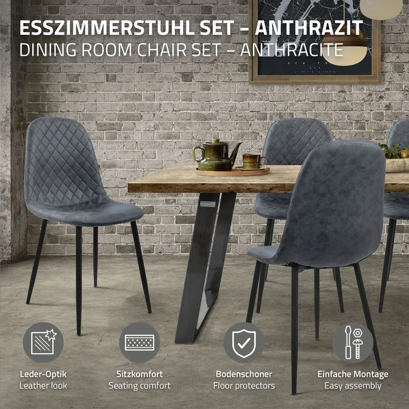 Esszimmerstuhl 4er Set Rauten Steppung mit Rückenlehne Anthrazit Küchenstuhl mit Kunstleder Bezug ML-Design