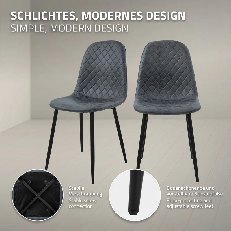 Esszimmerstuhl 4er Set Rauten Steppung mit Rückenlehne Anthrazit Küchenstuhl mit Kunstleder Bezug ML-Design
