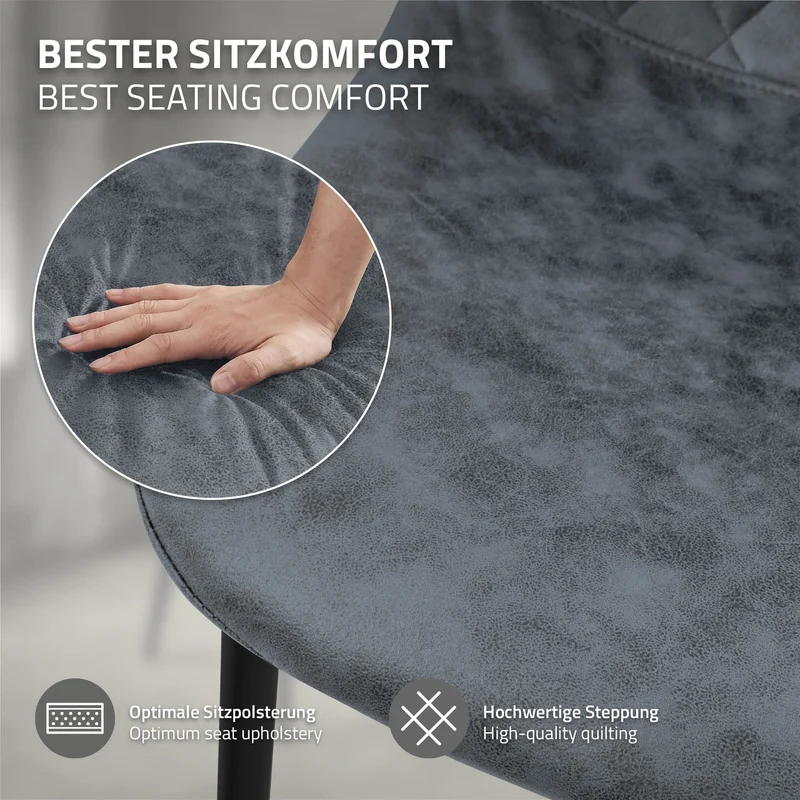 Esszimmerstuhl 4er Set Rauten Steppung mit Rückenlehne Anthrazit Küchenstuhl mit Kunstleder Bezug ML-Design