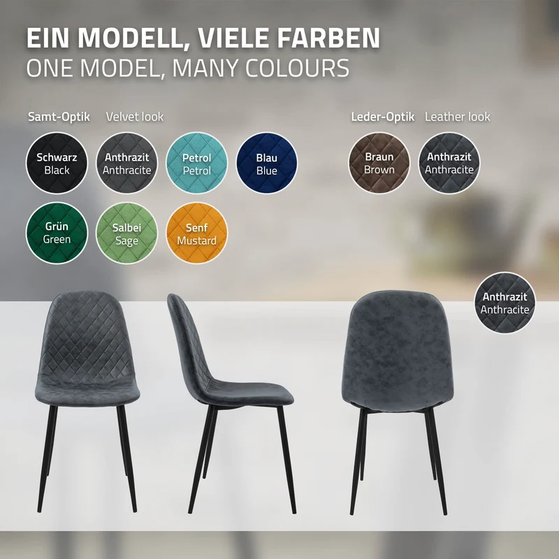 Esszimmerstuhl 4er Set Rauten Steppung mit Rückenlehne Anthrazit Küchenstuhl mit Kunstleder Bezug ML-Design