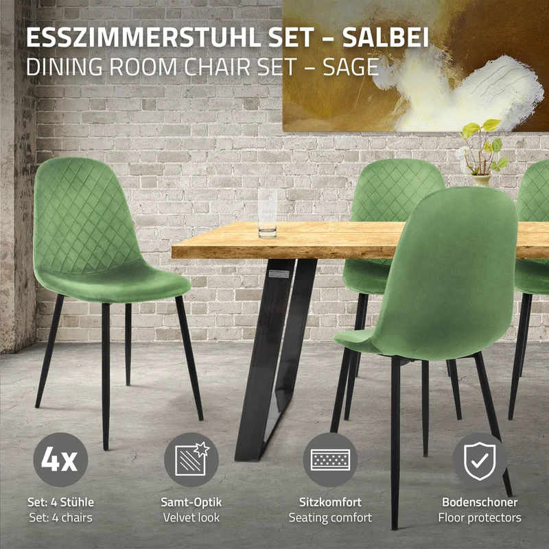 Esszimmerstuhl 4er Set mit Rückenehne Salbei Küchenstuhl mit Microfaser-Samtbezug ML-Design