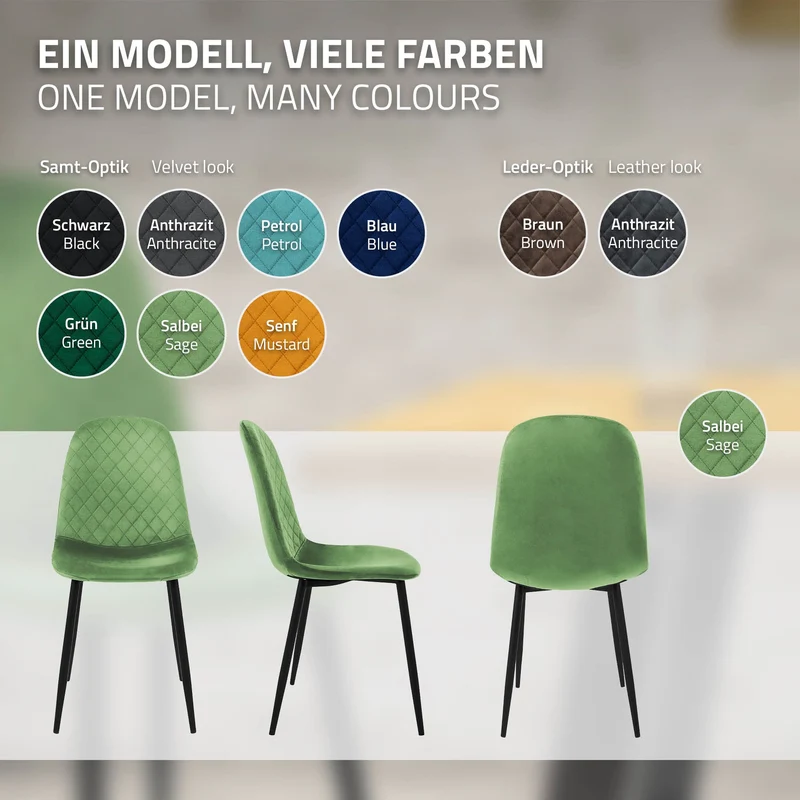 Esszimmerstuhl 4er Set mit Rückenehne Salbei Küchenstuhl mit Microfaser-Samtbezug ML-Design