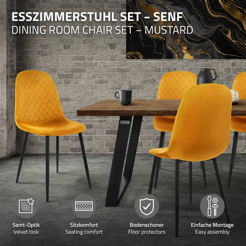 Esszimmerstuhl 4er Set mit Rückenlehne Senfgelb Küchenstuhl mit Microfaser-Samtbezug ML-Design
