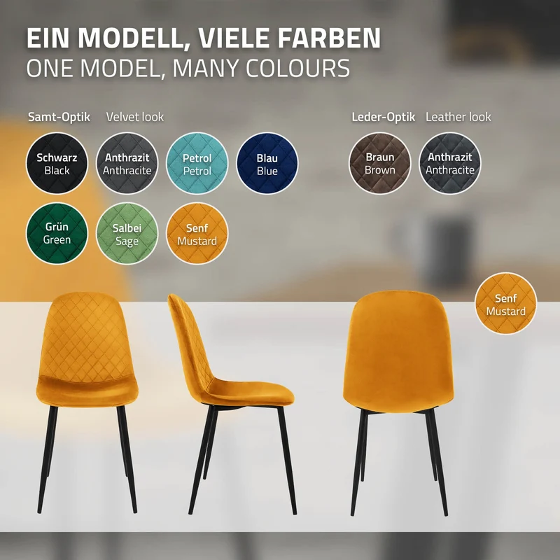 Esszimmerstuhl 4er Set mit Rückenlehne Senfgelb Küchenstuhl mit Microfaser-Samtbezug ML-Design