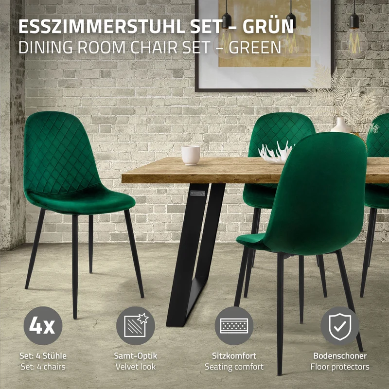 Esszimmerstuhl 4er Set mit Rückenlehne Dunkelgrün Küchenstuhl mit Microfaser-Samtbezug ML-Design
