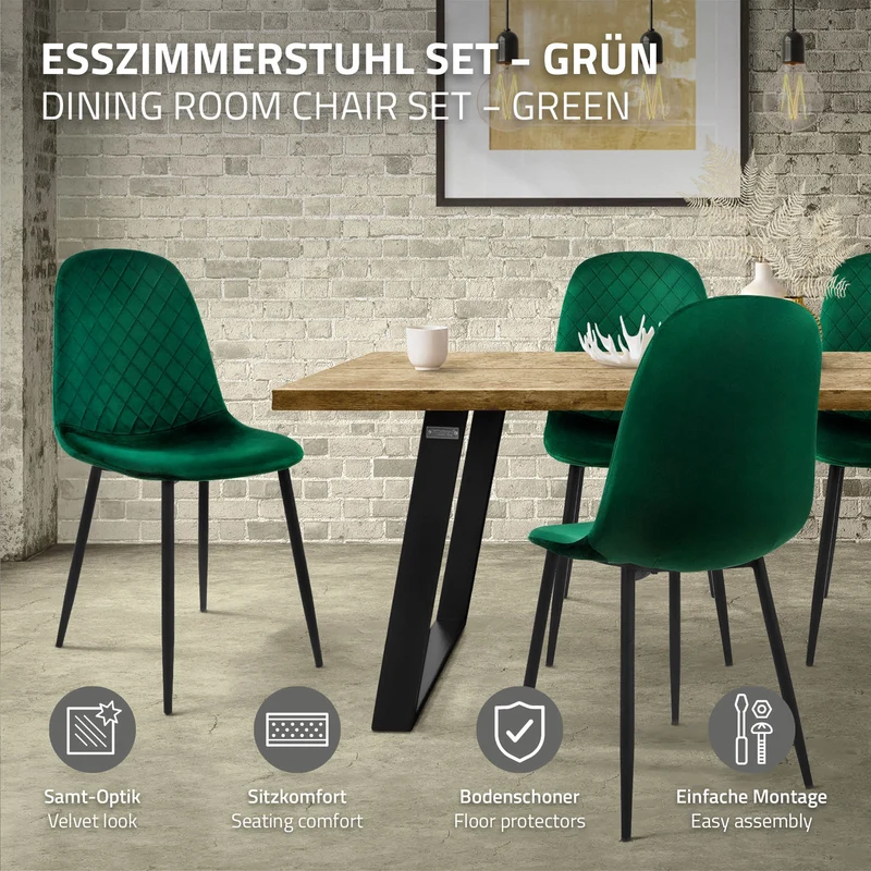 Esszimmerstuhl 4er Set mit Rückenlehne Dunkelgrün Küchenstuhl mit Microfaser-Samtbezug ML-Design