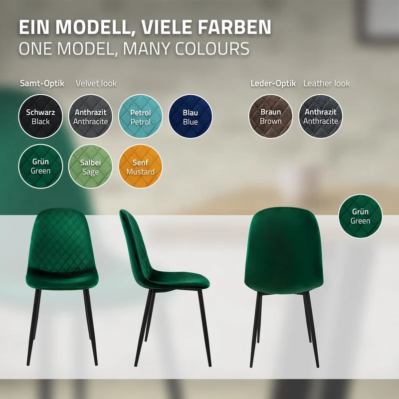 Esszimmerstuhl 4er Set mit Rückenlehne Dunkelgrün Küchenstuhl mit Microfaser-Samtbezug ML-Design