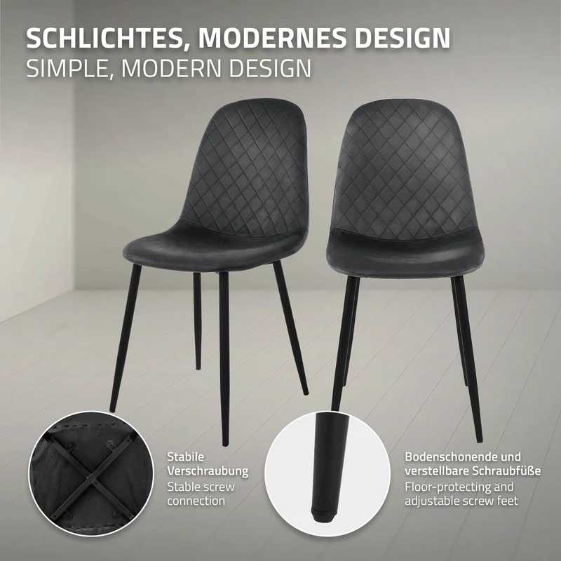 Esszimmerstuhl 4er Set Rauten Steppung mit Rückenlehne Anthrazit Küchenstuhl mit Microfaser-Samtbezug ML-Design