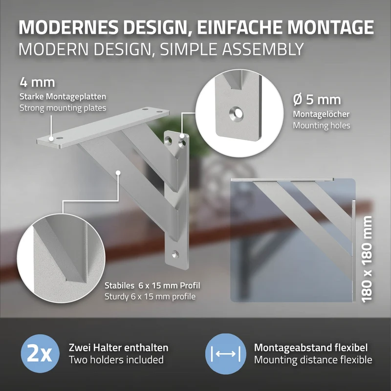 Wandkonsole Regalhalterung 2er Set 180 x 180 mm Silber aus Aluminium ML-Design