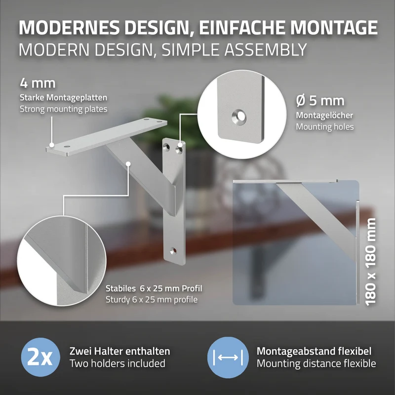 Wandkonsole Regalhalterung 2er Set 180 x 180 mm Silber aus Aluminium ML-Design