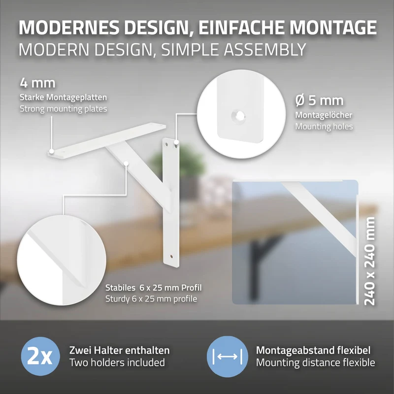 Wandkonsole Regalhalterung 2er Set 240 x 240 mm Weiß aus Aluminium ML-Design