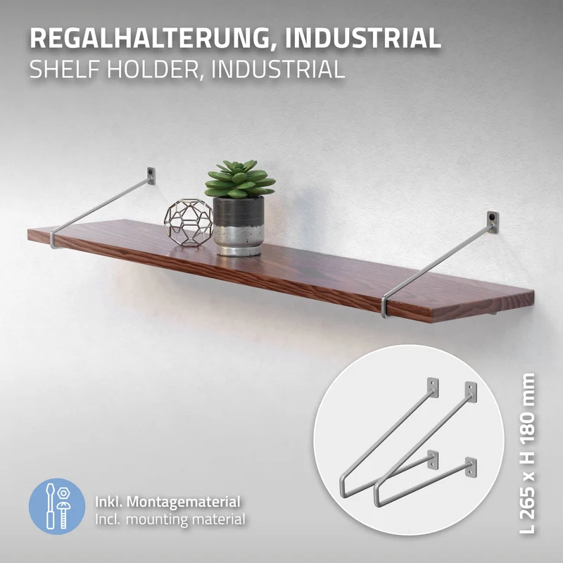 Wandkonsole Regalhalterung 2er Set 265 x 180 mm Grau aus Stahl ML-Design