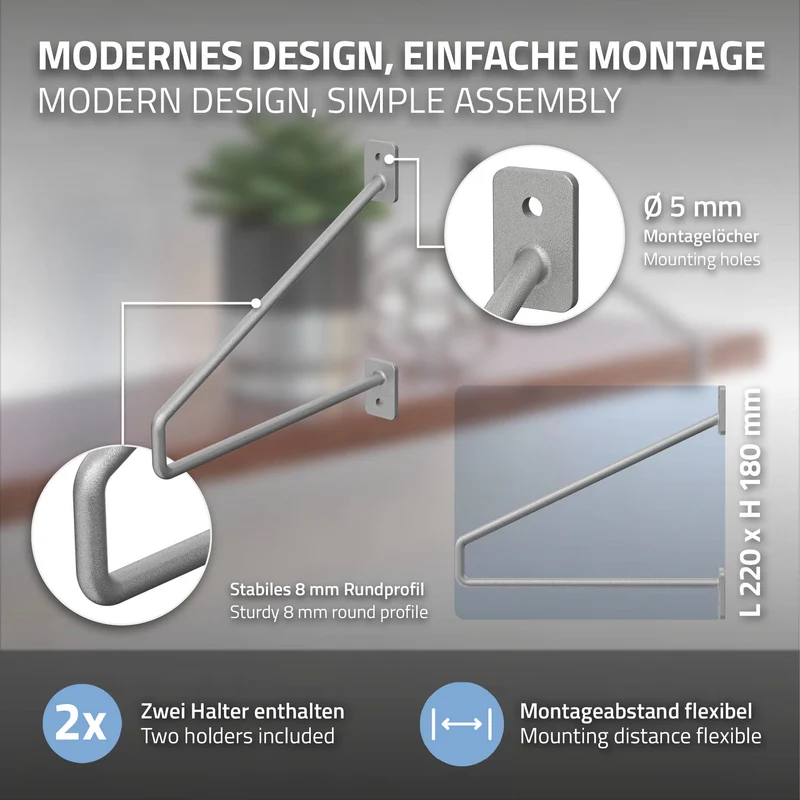 Wandkonsole Regalhalterung 2er Set 220 x 180 mm Grau aus Stahl ML-Design
