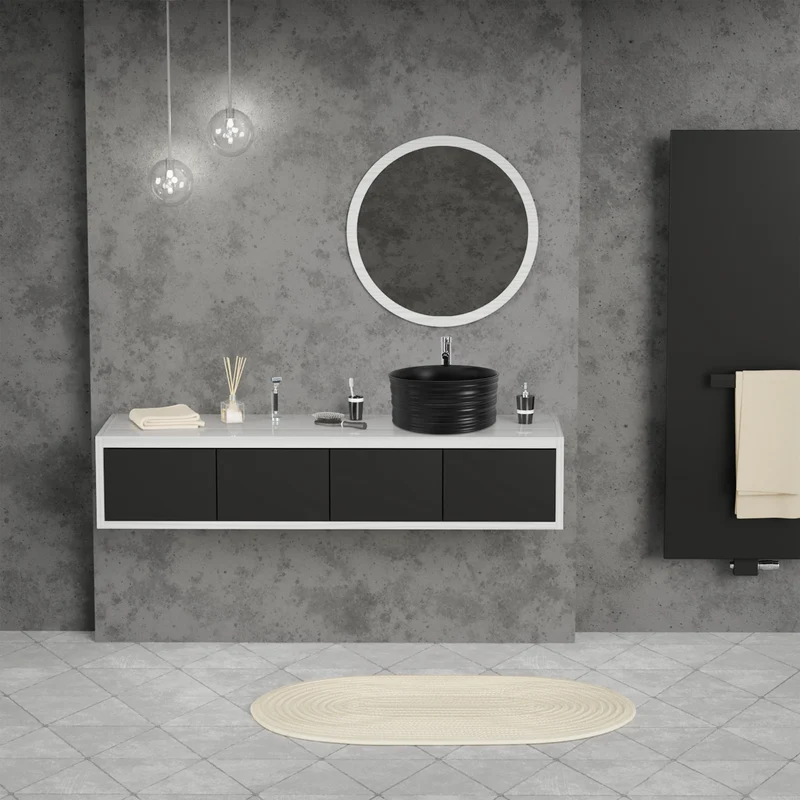 Waschbecken Rund ohne Überlauf Ø 41x18 cm Schwarz aus Keramik LuxeBath