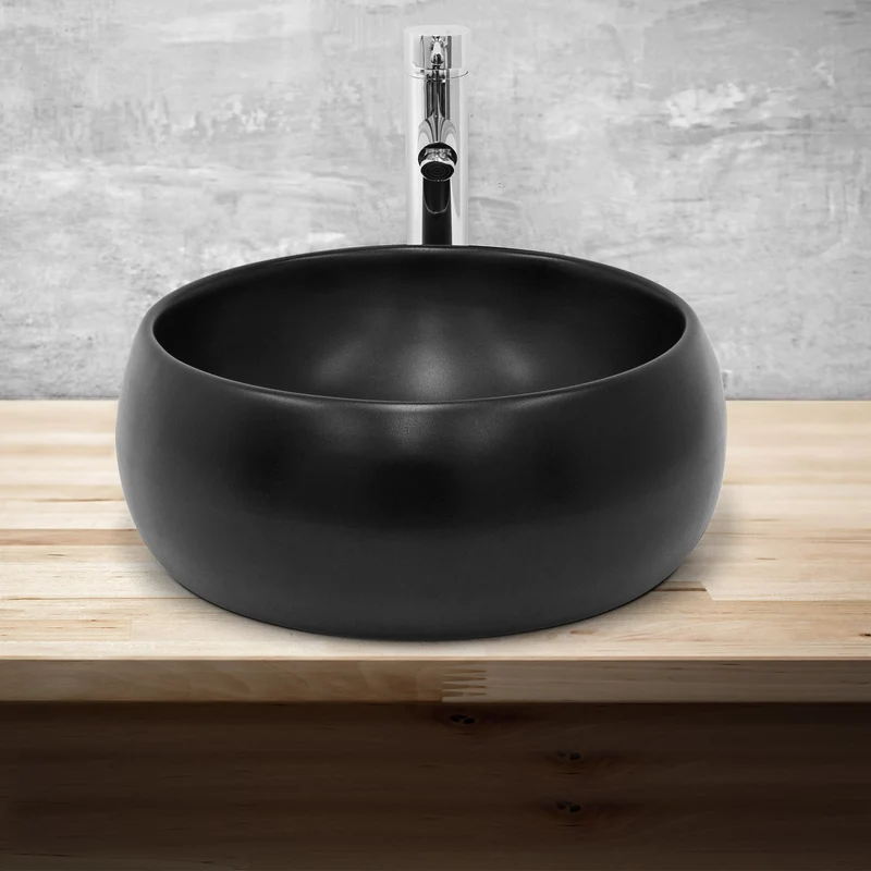 Waschbecken Rund ohne Überlauf Ø 40x15,5 cm Schwarz matt aus Keramik LuxeBath