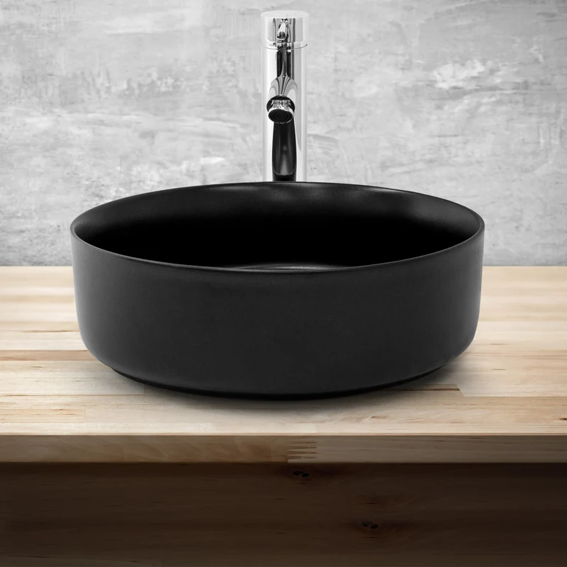Waschbecken Rund ohne Überlauf Ø 36x12 cm Schwarz aus Keramik LuxeBath