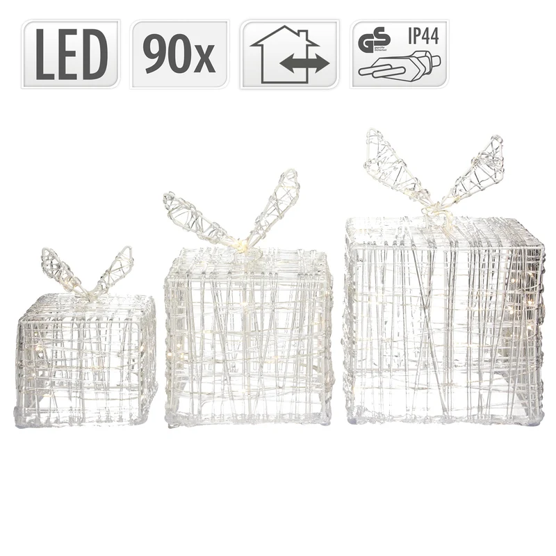 LED Geschenkboxen 3er Set mit 90 LEDs Warmweiß Metallgestell IP44 mit Netzstecker