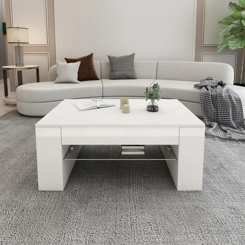 Couchtisch mit Glasablage und 4 Fächern 100x60x42 cm Weiß ML-Design