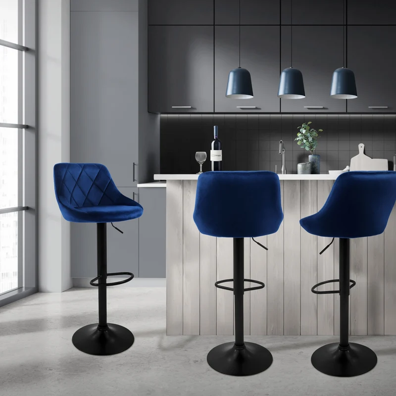Barhocker 2er Set Blau Samtbezug mit Rückenlehne und Fußstütze höhenverstellbar 62-82cm ML-Design