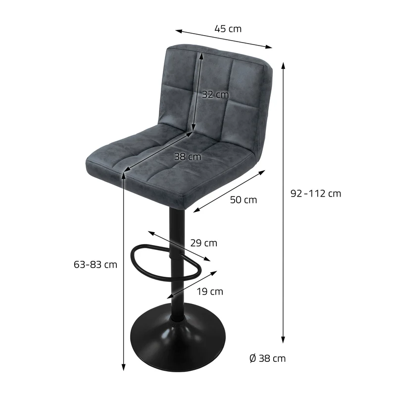 Barhocker 2er Set Anthrazit Kunstlederbezug mit Rückenlehne und Fußstütze höhenverstellbar 63-83cm ML-Design
