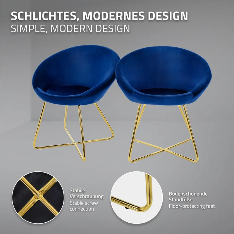 Esszimmerstuhl mit runder Rückenlehne Blau aus Samt mit goldenen Metallbeinen ML-Design