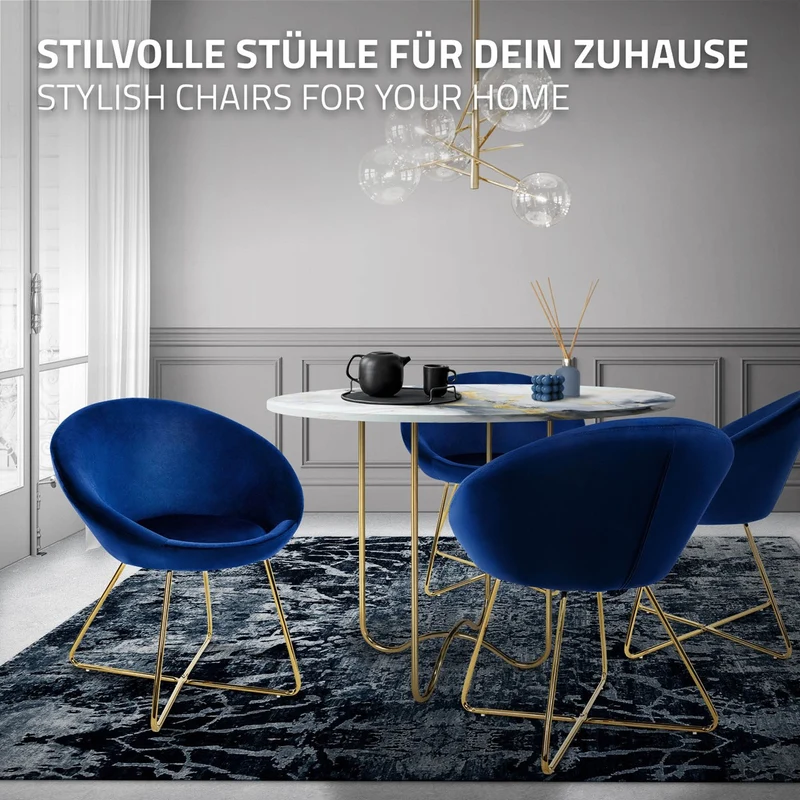 Esszimmerstuhl mit runder Rückenlehne Blau aus Samt mit goldenen Metallbeinen ML-Design