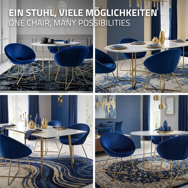 Esszimmerstuhl mit runder Rückenlehne Blau aus Samt mit goldenen Metallbeinen ML-Design