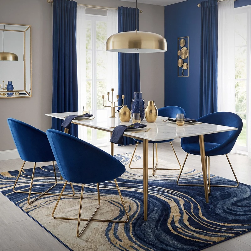 Esszimmerstuhl mit runder Rückenlehne Blau aus Samt mit goldenen Metallbeinen ML-Design