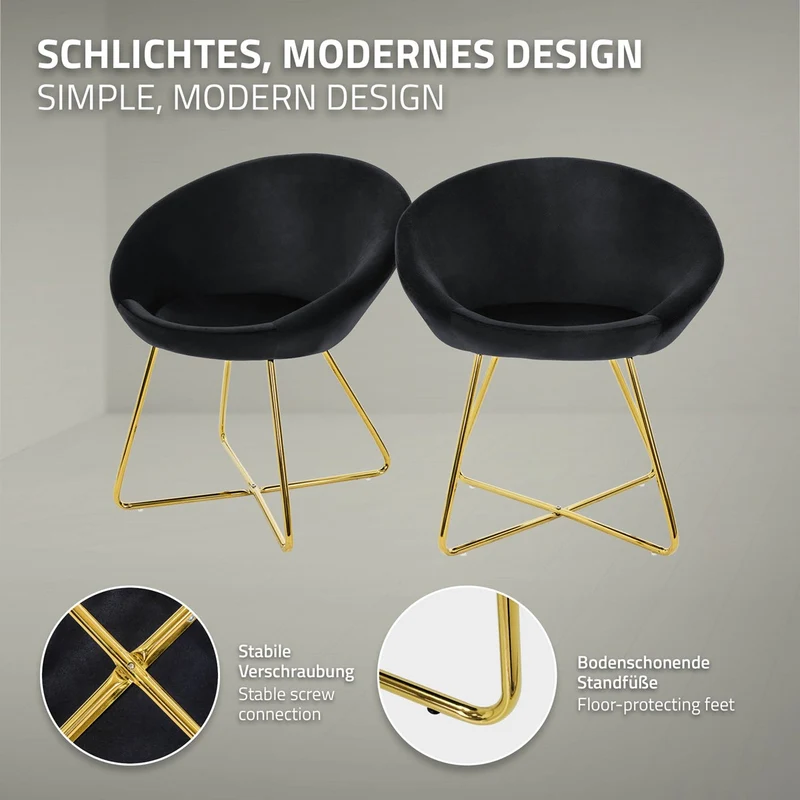 Esszimmerstuhl mit runder Rückenlehne Schwarz aus Samt mit goldenen Metallbeinen ML-Design