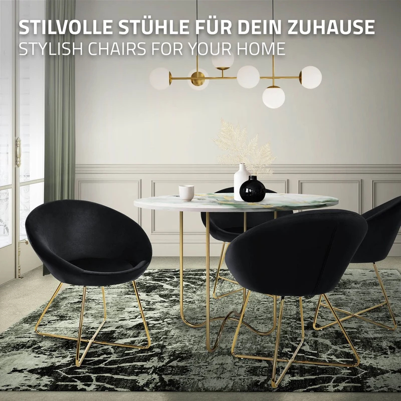 Esszimmerstuhl mit runder Rückenlehne Schwarz aus Samt mit goldenen Metallbeinen ML-Design