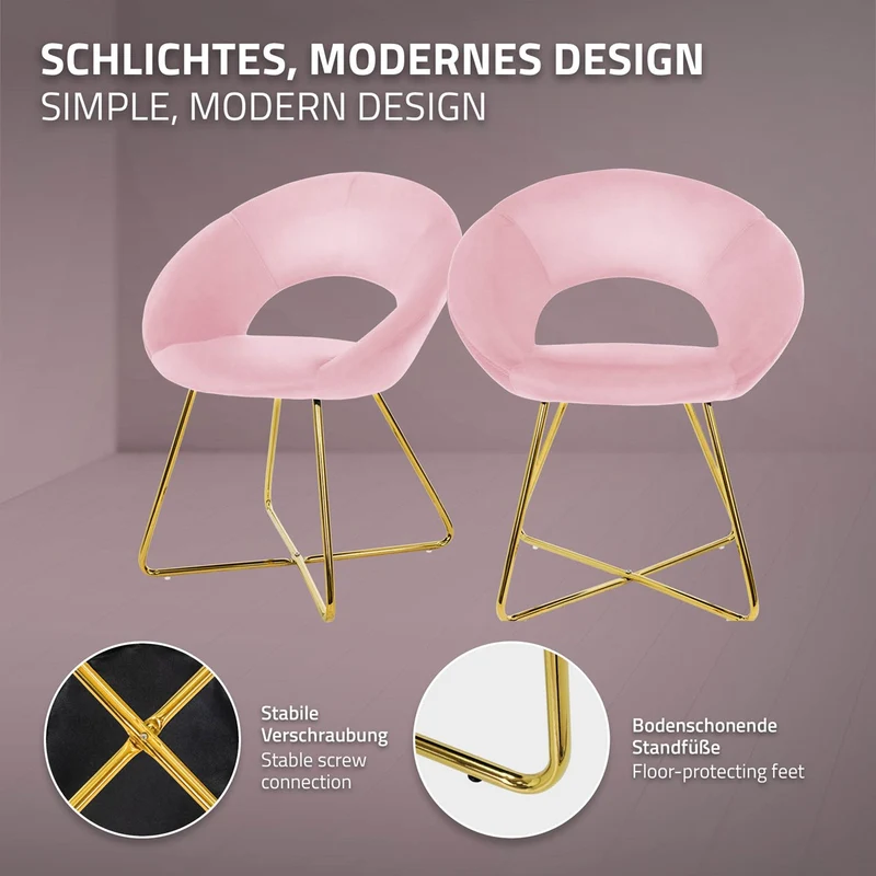 Esszimmerstuhl mit runder offener Rückenlehne Rosa aus Samt mit goldenen Metallbeinen ML-Design