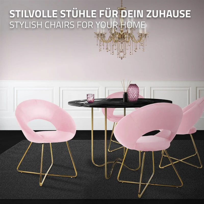 Esszimmerstuhl mit runder offener Rückenlehne Rosa aus Samt mit goldenen Metallbeinen ML-Design