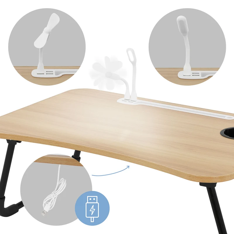 Laptoptisch mit USB-Ports klappbar 60x40 cm Holzoptik aus MDF inkl. USB Lampe und Ventilator ML-Design