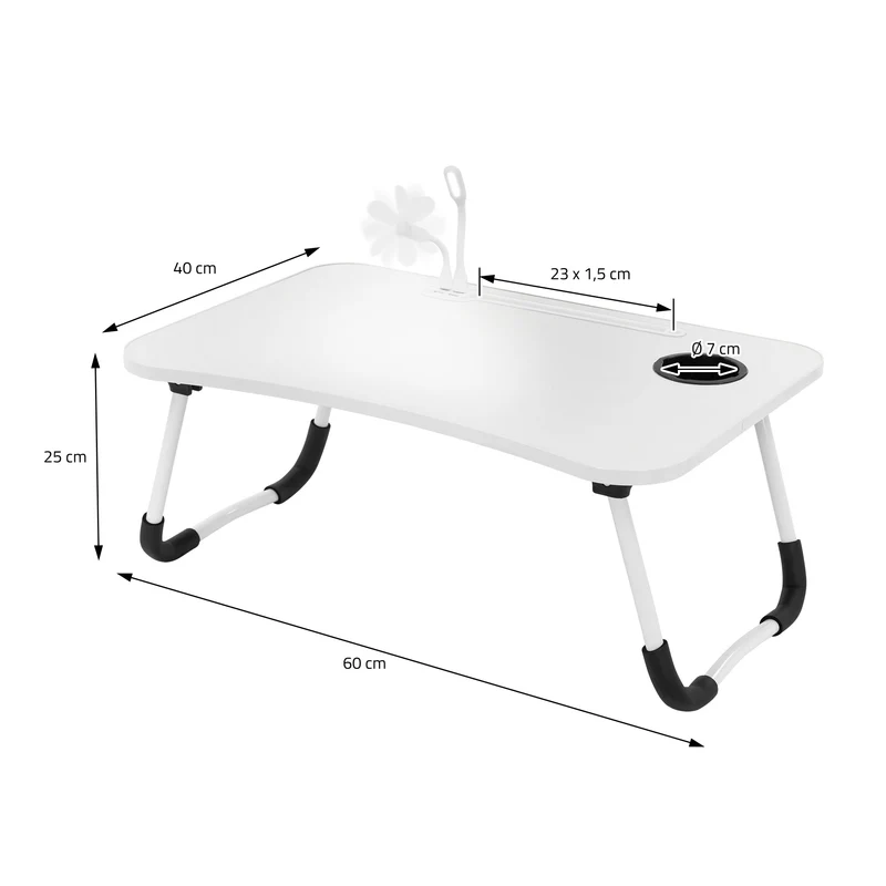 Laptoptisch mit USB-Ports klappbar 60x40 cm Weiß aus MDF inkl. USB Lampe und Ventilator ML-Design