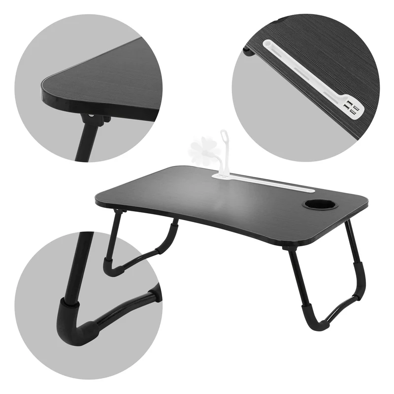 Laptoptisch mit USB-Ports klappbar 60x40 cm Schwarz aus MDF inkl. USB Lampe und Ventilator ML-Design