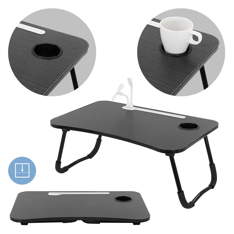 Laptoptisch mit USB-Ports klappbar 60x40 cm Schwarz aus MDF inkl. USB Lampe und Ventilator ML-Design