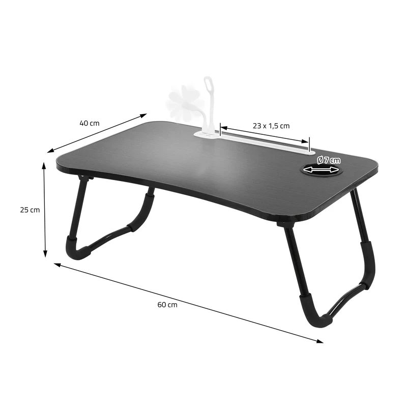 Laptoptisch mit USB-Ports klappbar 60x40 cm Schwarz aus MDF inkl. USB Lampe und Ventilator ML-Design