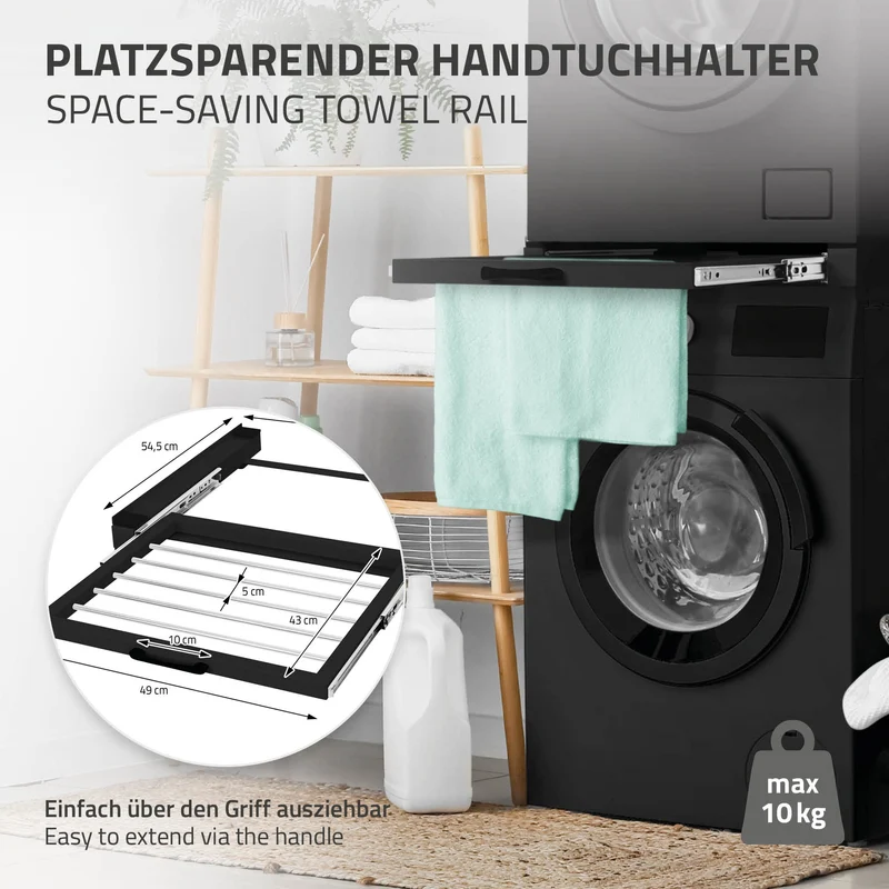Zwischenbaurahmen für Waschmaschine Verbindungsrahmen mit ausziehbarer Wäscheleine 60,5x54,5 cm in Schwarz ML-Design